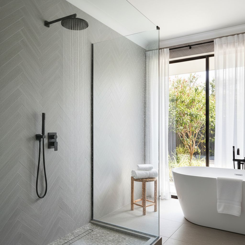 Frameless glass shower detail close-up