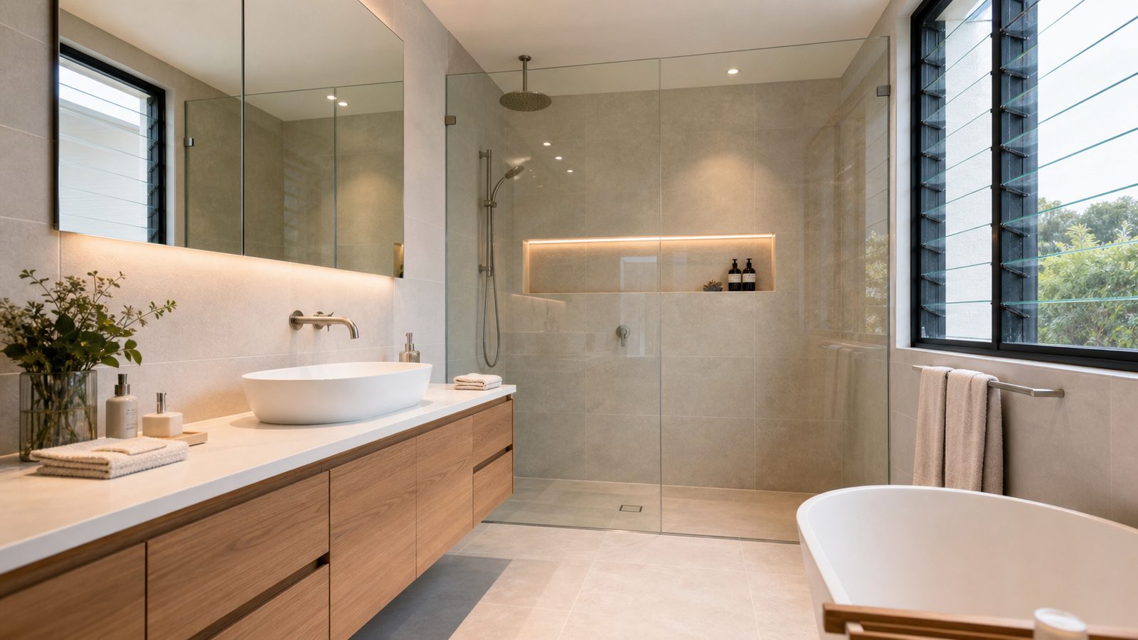 Frameless glass shower with rain showerhead